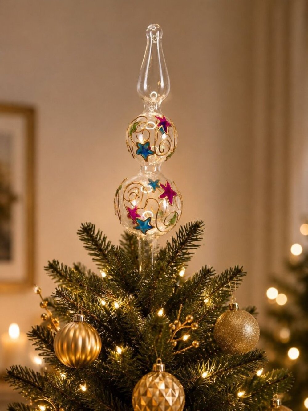 Czech Republic Hand Painted Glass Christmas Tree Topper Gold Swirl Stars 12"